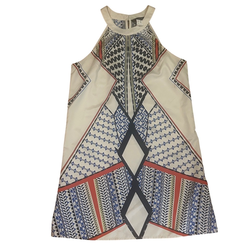 Venus Womens S Tribal Geometric Print Halter Mini Dress White Blue Red Gold Ring